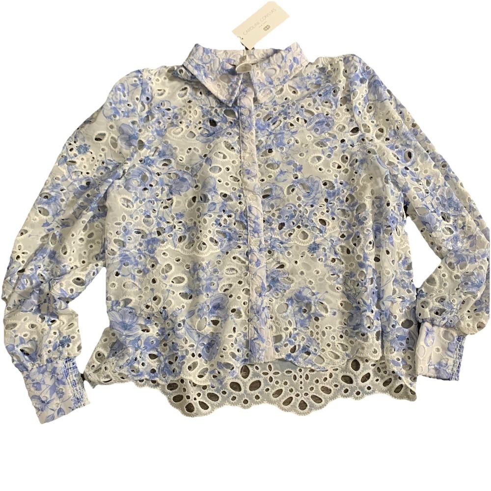 Caroline Constas White Blue Floral Eyelet Top - Size S NWT Boho